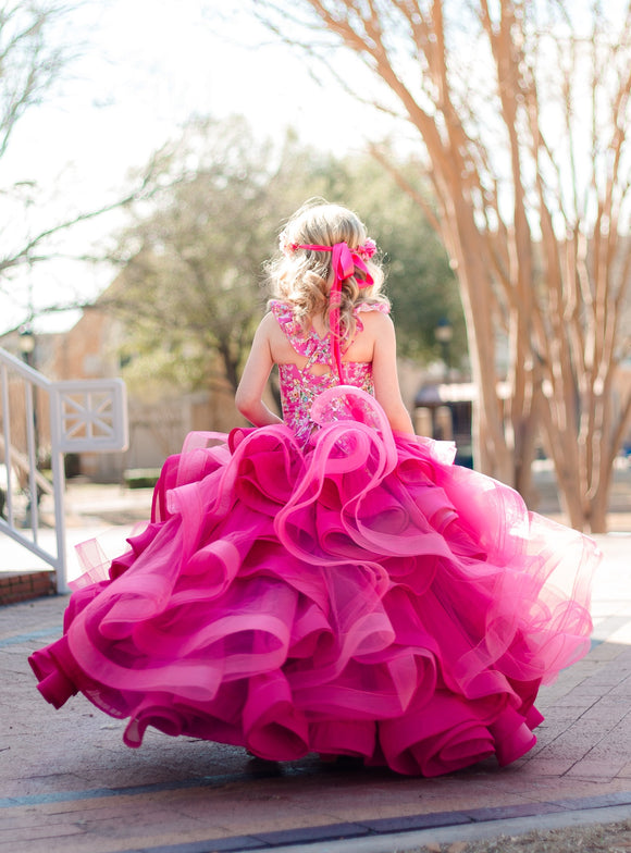 prom dress rental LuXee Couture Gown Rental~ Cascading Loopy Floral – Blutterfly Baby Boutique Couture